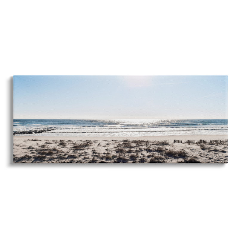 «Coastal Beach Strip Landscape Nautical Fence Tall Grass», estampe numérique encadrée de Natalie Carpentieri, Plaque de bois