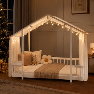 Lit simple avec baldaquin, guirlande lumineuse et barrières de sécurité, lit plateforme en bois pour enfants avec sommier à lattes, sans sommier tapissier nécessaire