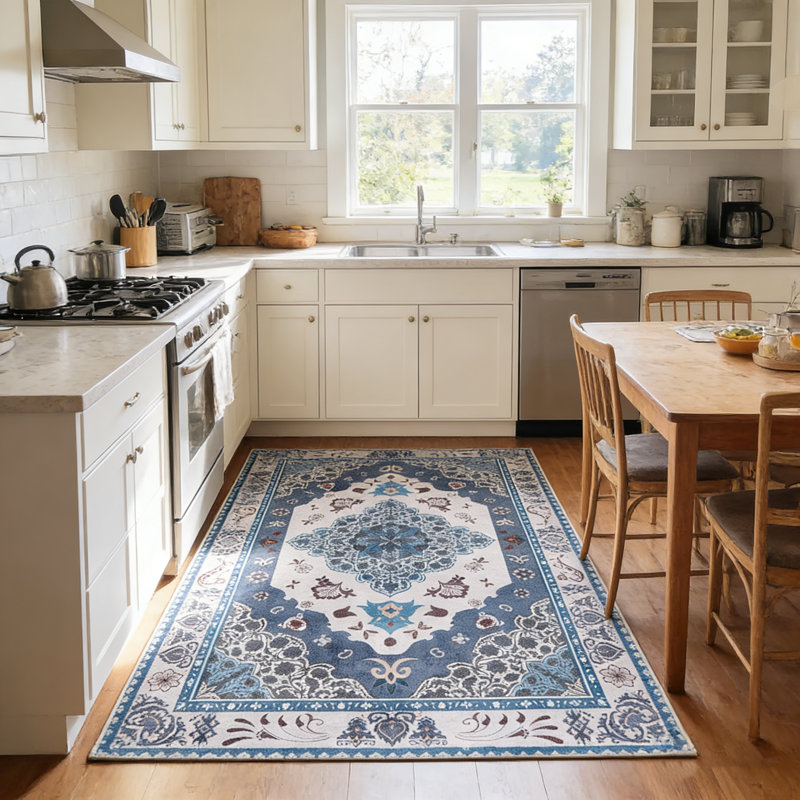 Living Room Rug 6x9 ft Blue and Grey Area Rug Machine Washable Rug, Non Slip Vintage Rug Stain Resistant Indoor Large Carpet for Bedroom, Boho Rug, Distressed Retro Floor Rug for Classroom, Dorm, Dining Room