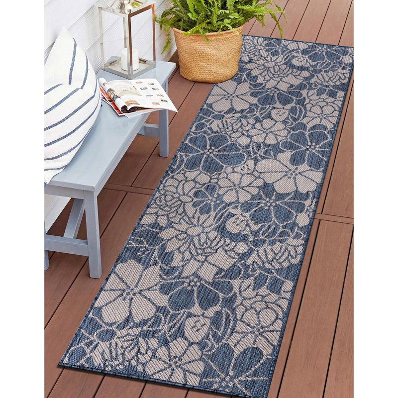Anamarija Floral Blue/Gray Indoor & Outdoor Area Rug, Runner 2' x 7'