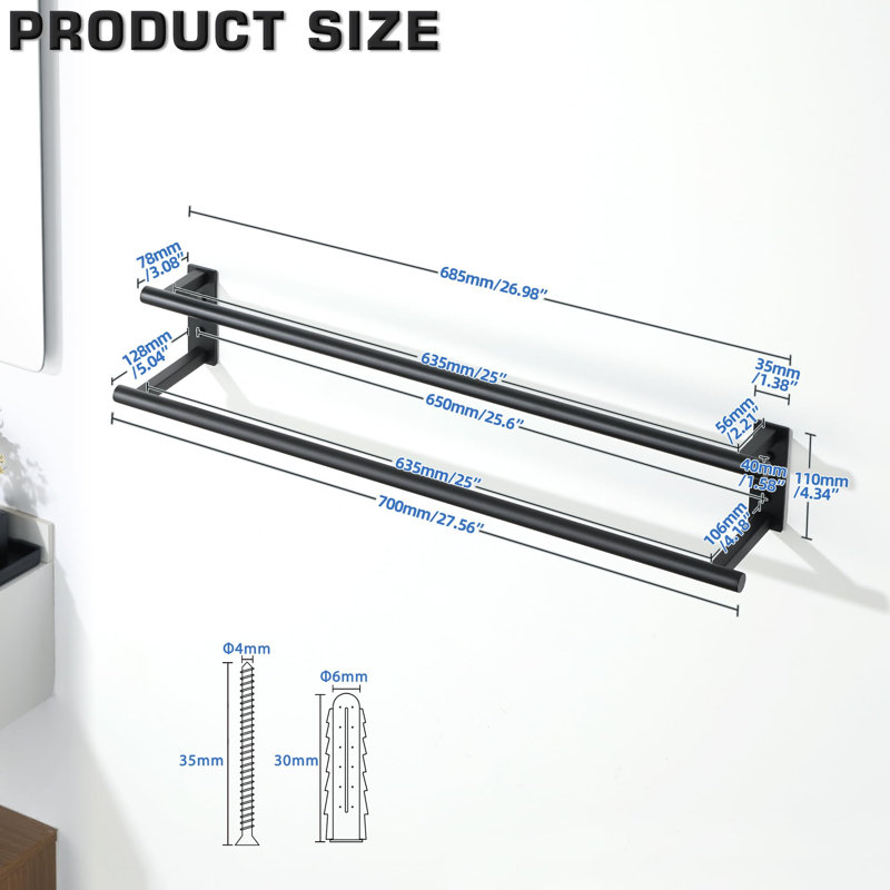 Porte-serviettes mural pour salle de bain double 28 po, noir mat