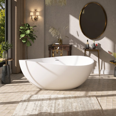 Nurcolin 63'' x 37'' Solid Surface Wave Curved Resin Stone Freestanding Soaking Bathtub in Matte White
