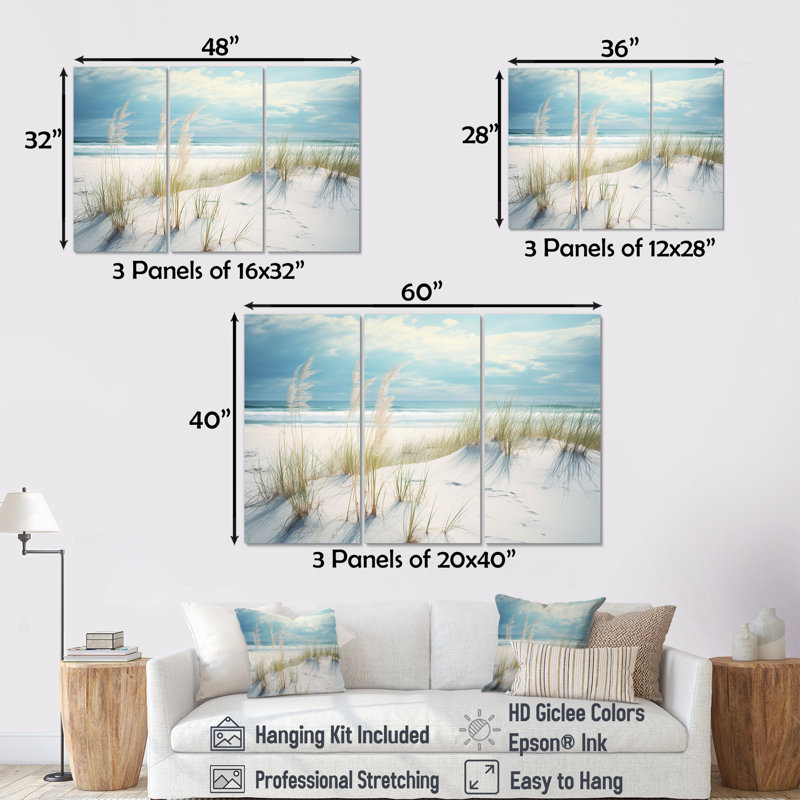 «Ocean Breeze Of Serenity Beach Grass By The Ocean», ensemble d'art mural sable de plage côtière, Toile tendue