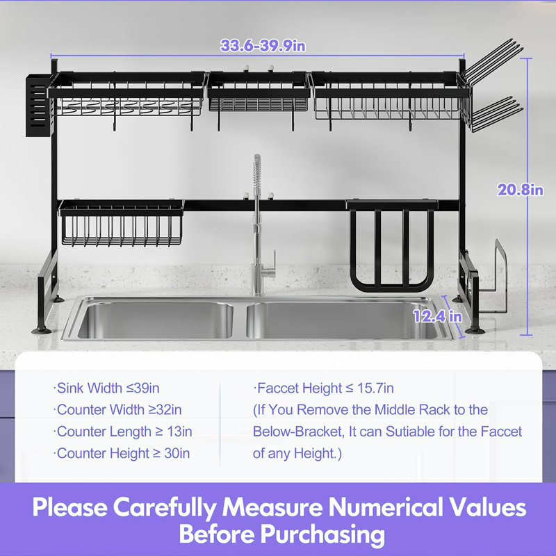 Égouttoir à vaisselle extensible en acier inoxydable: économiseur d'espace au-dessus du lavabo (largeur de 33,6 po à 39,9 po) pour le rangement de la cuisine