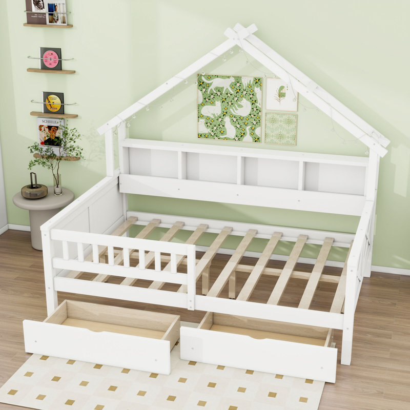 Lit plateforme double en bois avec deux tiroirs avec lumières DEL, tablettes et lattes, Blanc