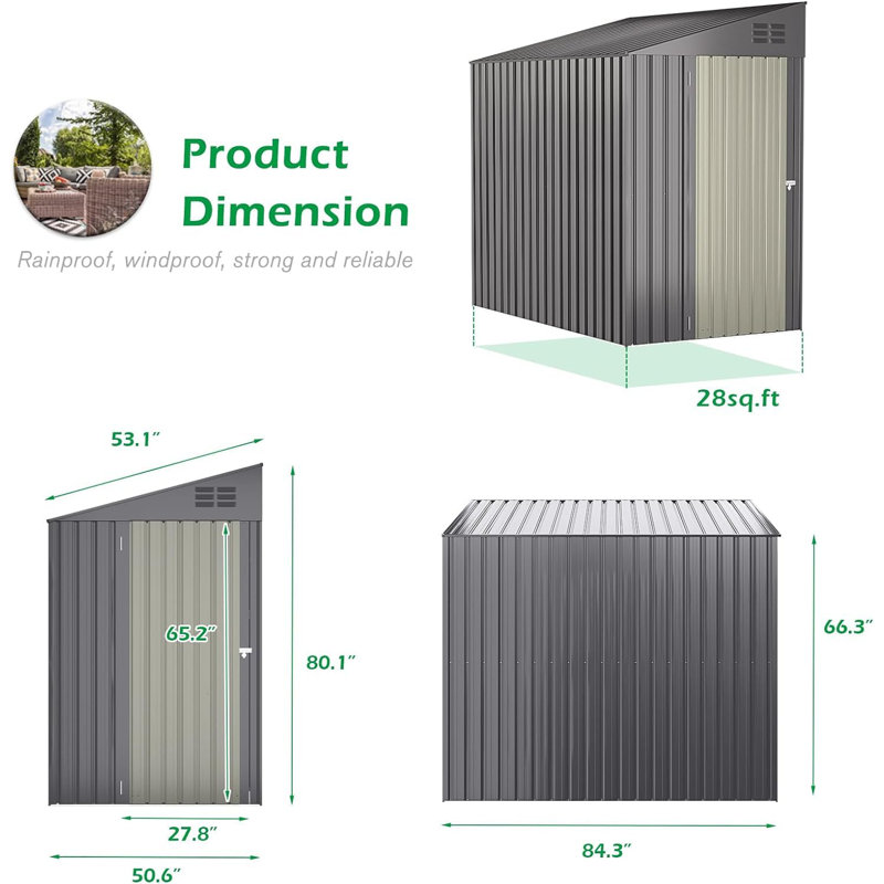 Blockus 4 ft. W x 7 ft. D Galvanized Steel Pent Garden Shed, Dark Grey/Green