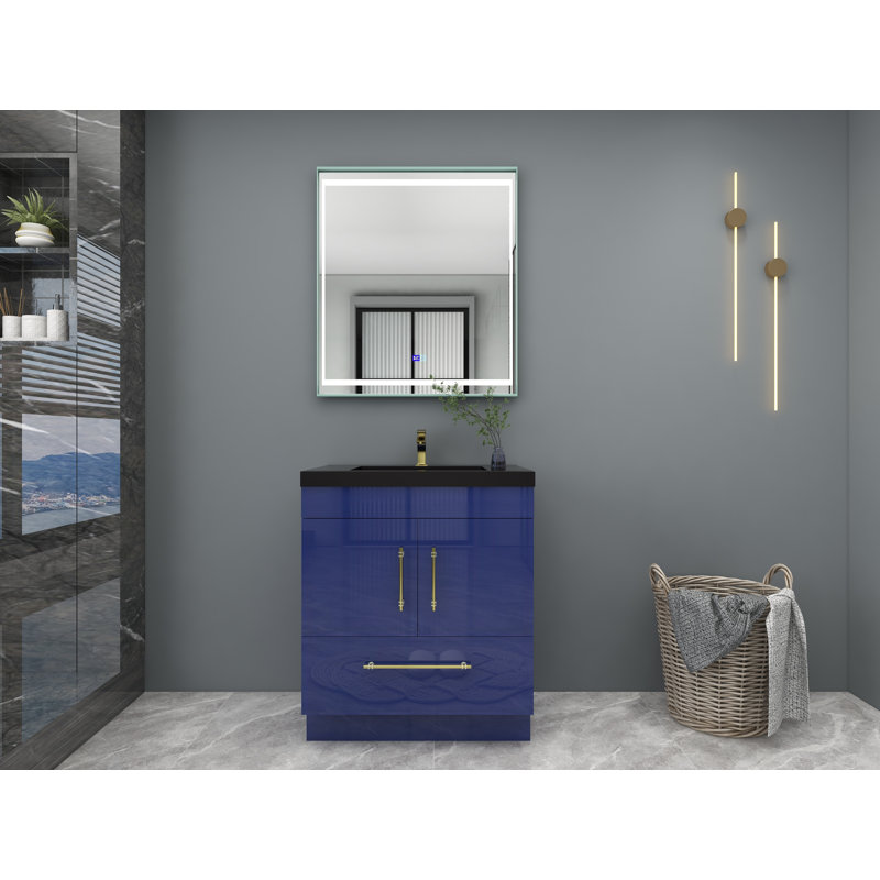 Ensemble de meuble-lavabo simple 30 po Camoni, Bleu nuit brillant, Or mat