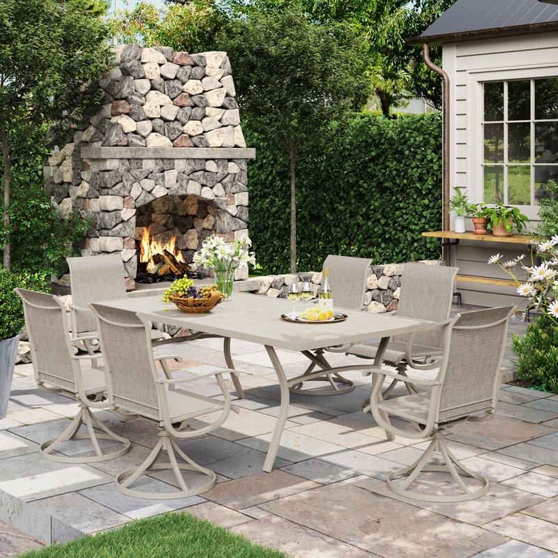 6-Person Outdoor Rectangular Patio Dining Set With Swivel Chair, Cream/Beige