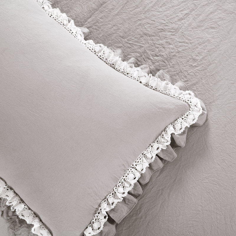 Ella Shabby Elegance Ruffle Lace Microfiber Comforter Set, Light Gray, King Comforter + 2 King Shams