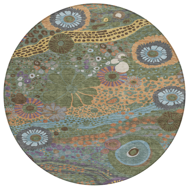 Tapis floral intérieur / extérieur lavable à la machine Chantille ACN2498, Basilic, Rond 8 pi