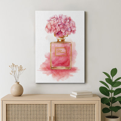 Œuvre d'art de bouteille de parfum rose, chambre à coucher, impression sur toile encadrée