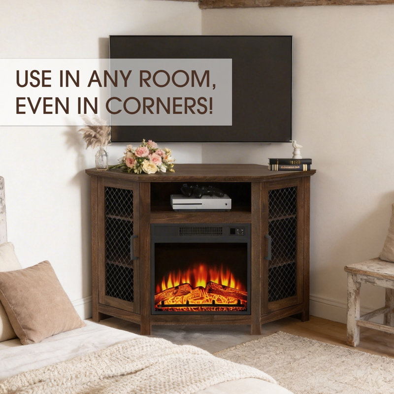  Corner TV Unit Stand fits TVs up to 55" With 18" Electric Fireplace Included, Brown