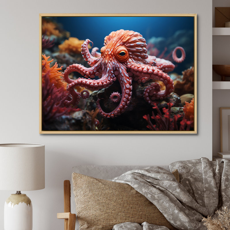 Coral Octopus Serene Submersion I - Animals Canvas Prints, 30" H x 40" W, Cadre naturel flottant