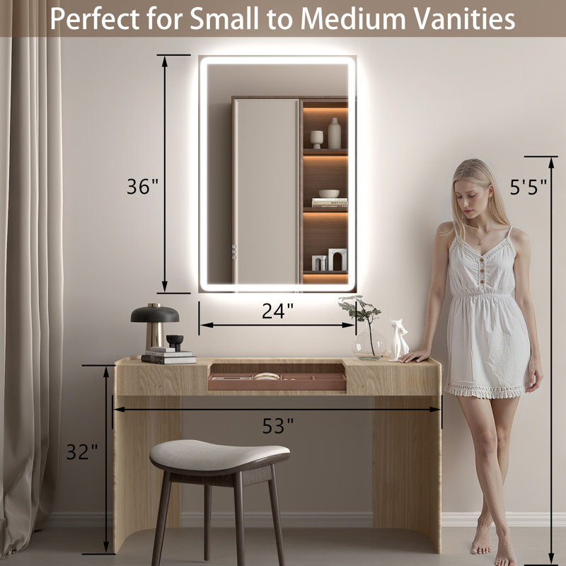Modern LED ETL Certified Frameless Font&Backlit Anti-Fog Dimmable 3-Color Rectangular Vanity Mirror For Bathroom, 36" x 24"