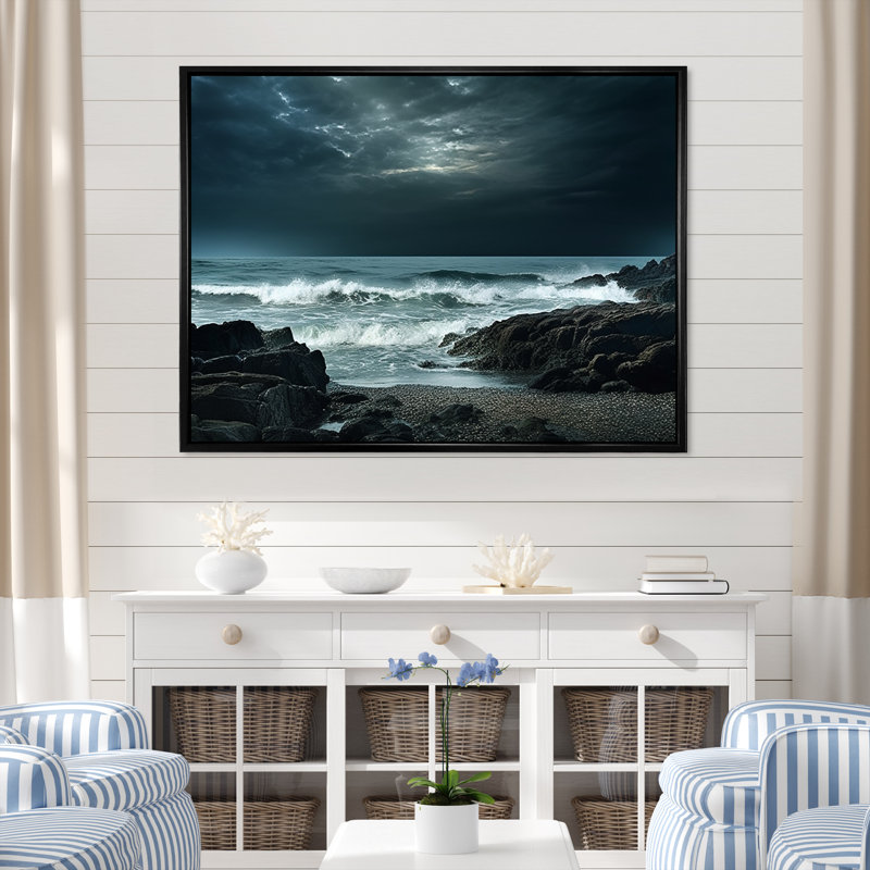 «Rocky Beach Scenery III», reproduction sur toile, Cadre flottant noir, 12" H x 20" W