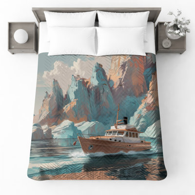 Boat In Scenic Fjord Quilted Bedspread All Sizes