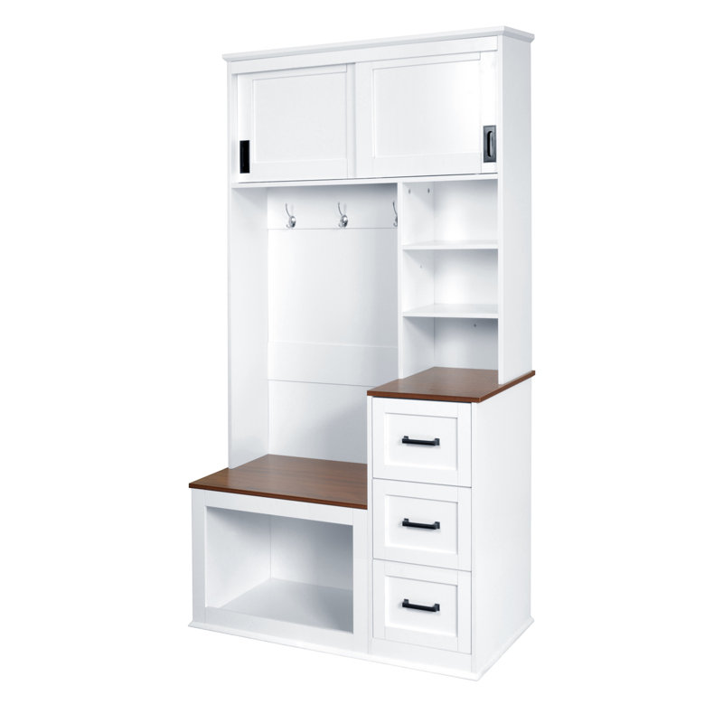 Modern Entryway Bench With Coat Rack, 3 Shelves And Drawers, Sturdy Hooks, Ideal For Hallway And Living Room Storage