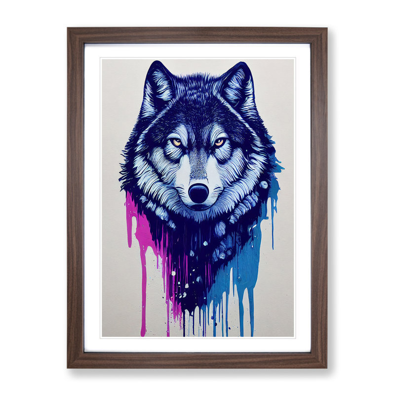 Painted Wolf No.3 - Wall Art, 64cm H x 46cm W, Walnut Framed, White