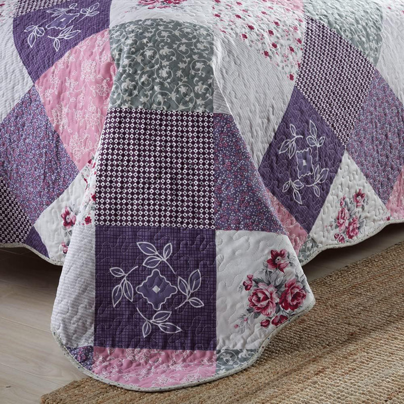 HoneiLife Flower Cluster Purple Blended Quilt Sets, King Quilt + 2 King Pillowcases, Purple