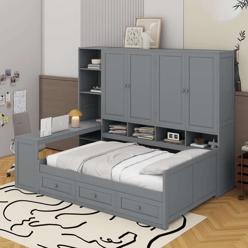 Lit de jour simple en bois avec trois tiroirs, armoire tout-en-un, bureau et tablettes, Lit double, Gris