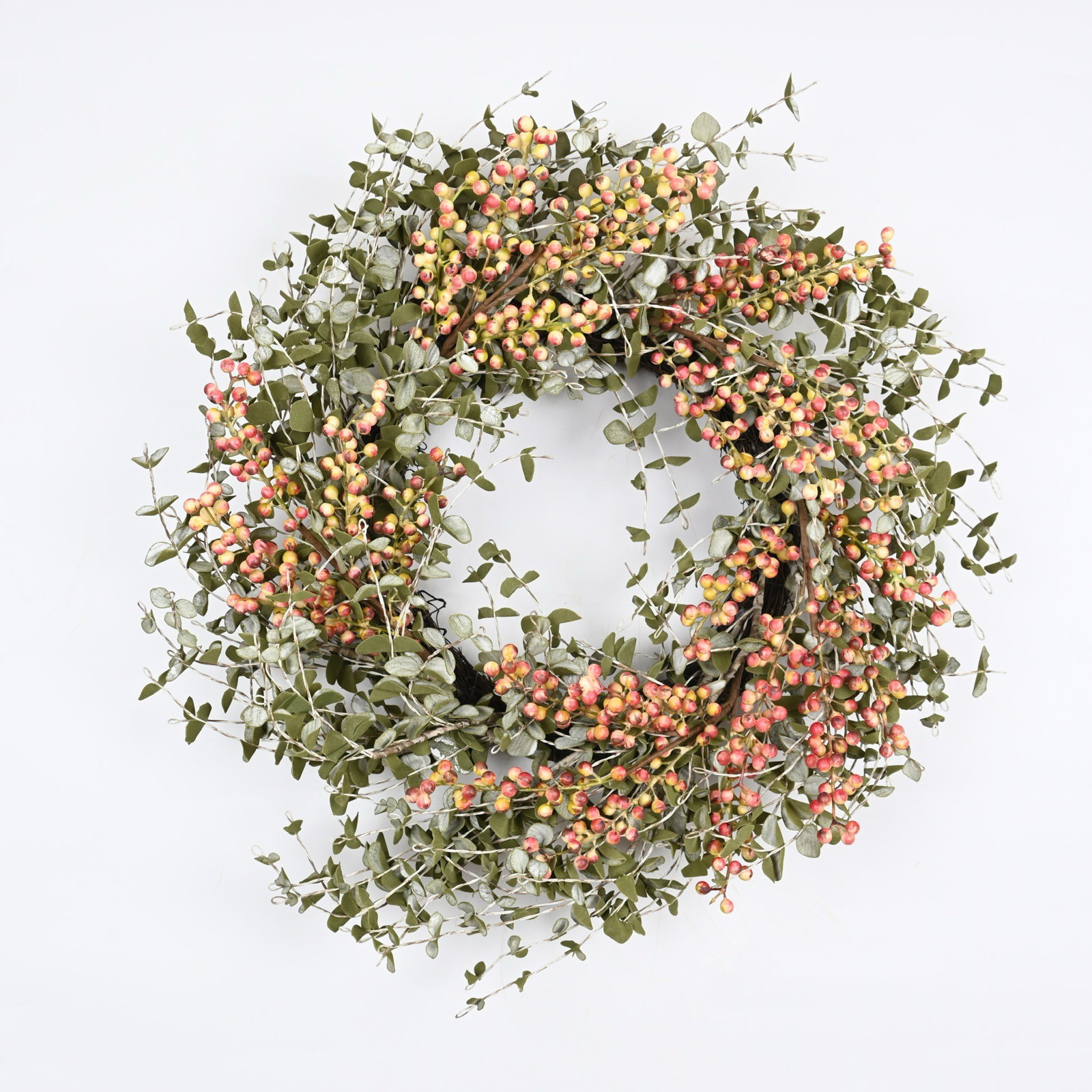 24" Artificial Farmhouse Mini Eucalyptus Blossoms Cluster Berry Spring Fall Wreath For Front Door, Green/Orange