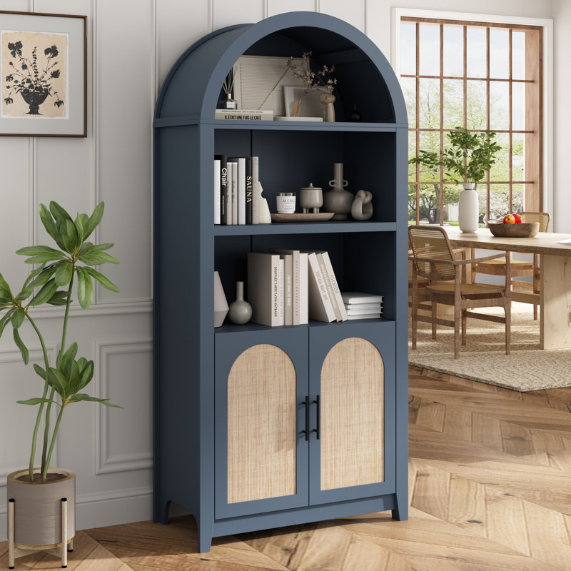 Kalaen 69" Arched Display Wood Cabinet Adjustable Shelves (Dark Blue Color), Blue