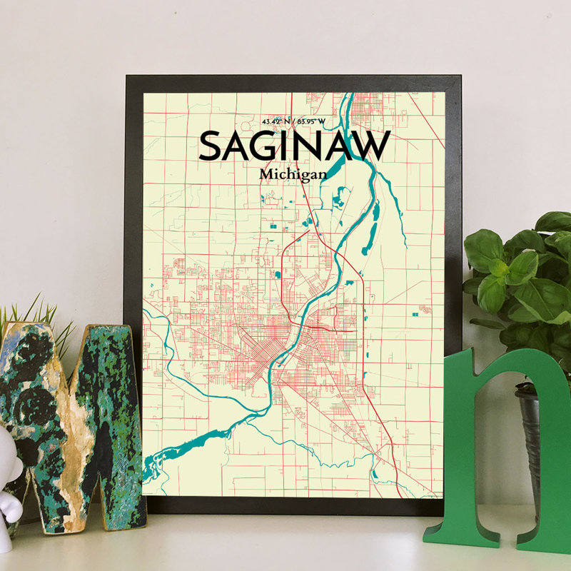 « saginaw city map », reproduction d’impression sur affiche en couleur, H 17 po x l 11 po x P 0,05 po