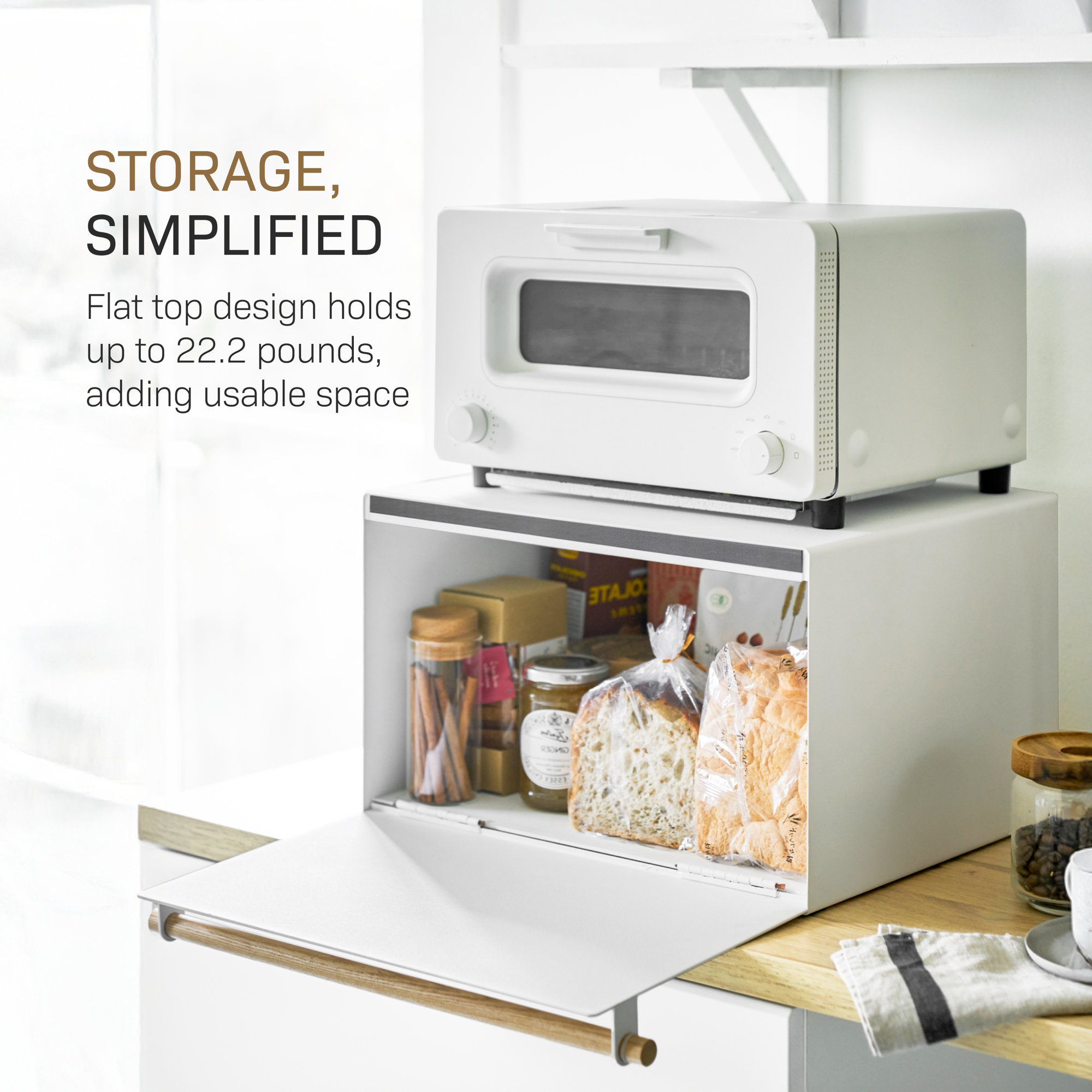 Yamazaki Home Tosca Bread Box Keeper Holder Container, Metal Bread Holder Saver - Steel - Wood, White
