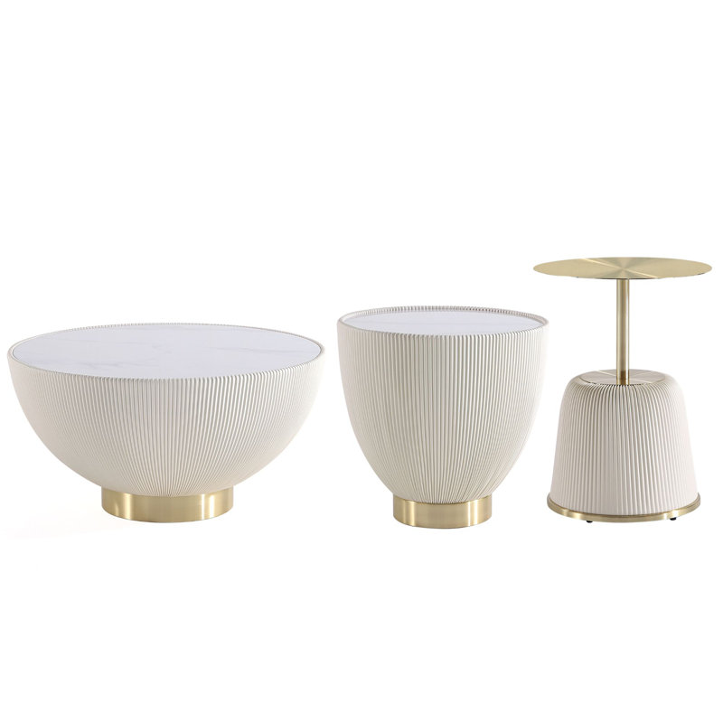 Ensemble de table de salon moderne 3 pièces Anderson avec base en acier inoxydable recouverte de cuir végétalien crème
