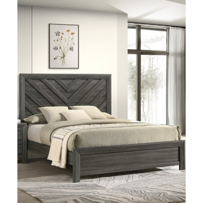 Cadre de très grand lit avec finition gris rustique et motif géométrique