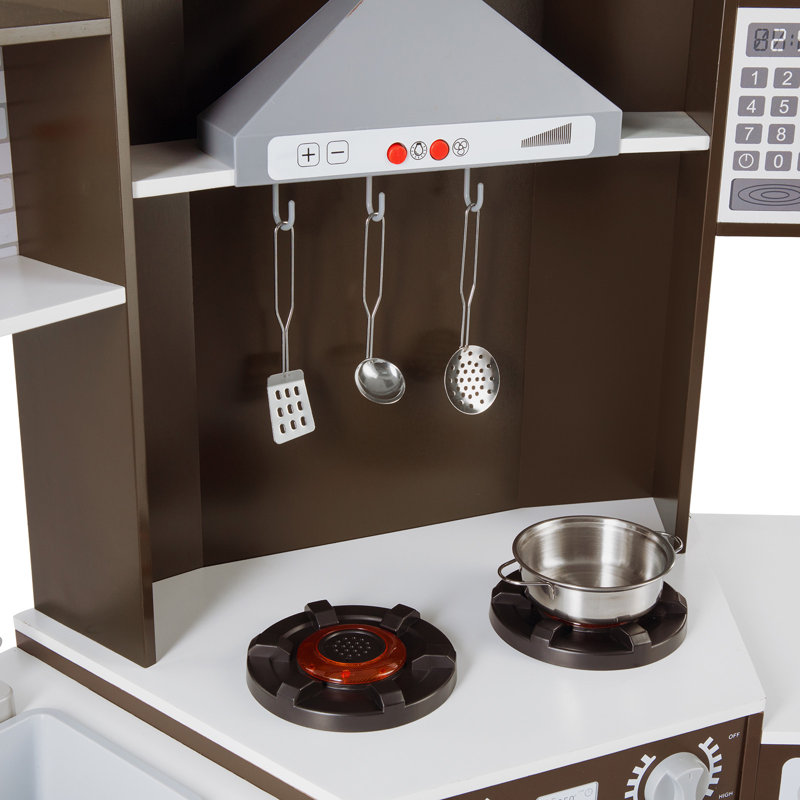 Brown and White Wooden Kids Play Kitchen Set with Accessories