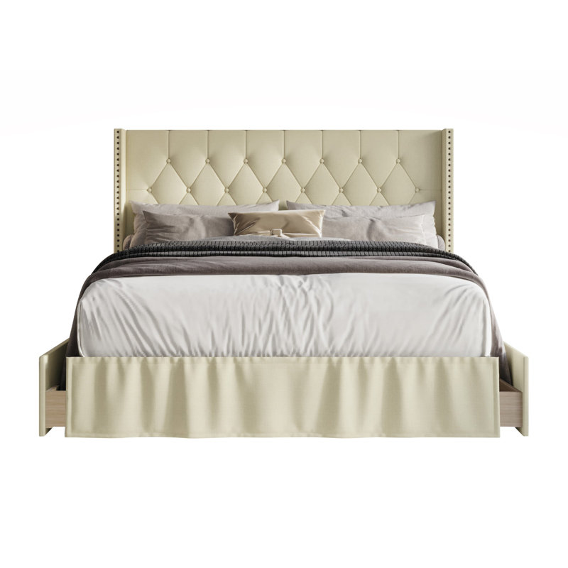 Javionte Upholstered Wingback Storage Bed, Full, Beige