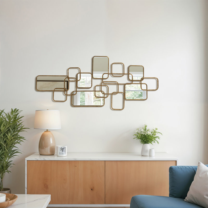 Baeden Modern Geometric Metal Wall Mirror with Overlapping Rectangular Frames - Stylish Decorative Accent Featuring Glass, Wood, and MDF Design