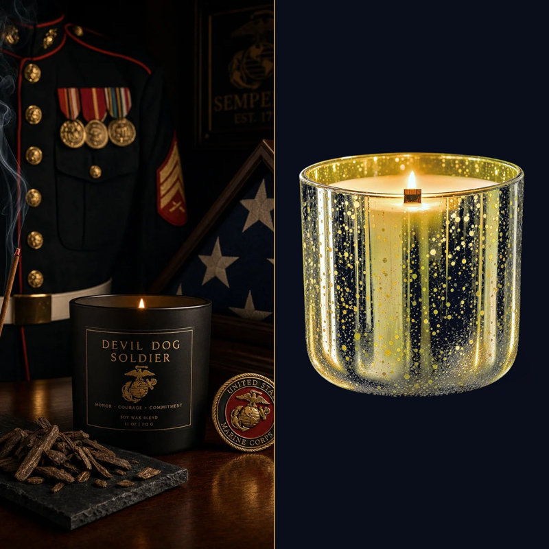 Bougie artisanale coulée à la main EnZebra aux États-Unis - Devil Dog Soldier (boisé et épicé) dans un verre à paillettes or mercure, 680 ml