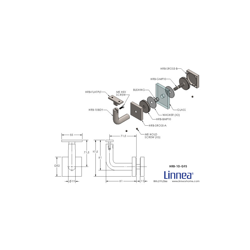 Glass Mount Handrail Bracket with Square Rose and Flat Plate, Satin Stainless Steel