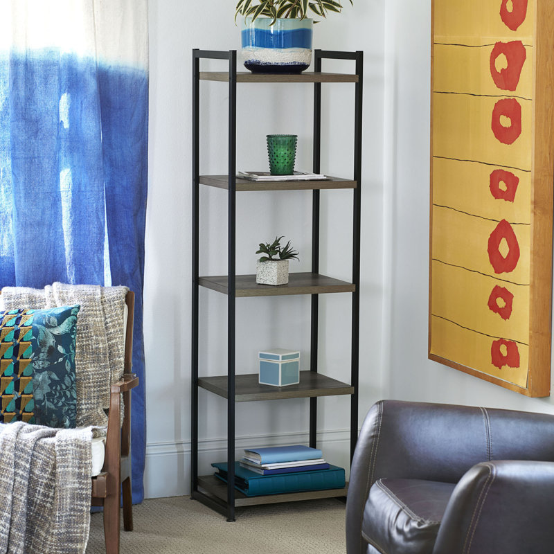 Jamestown Narrow 5 Shelf Open Storage Bookshelf Ash Rustic Grain and Metal Frame, Ashwood, 5 shelves