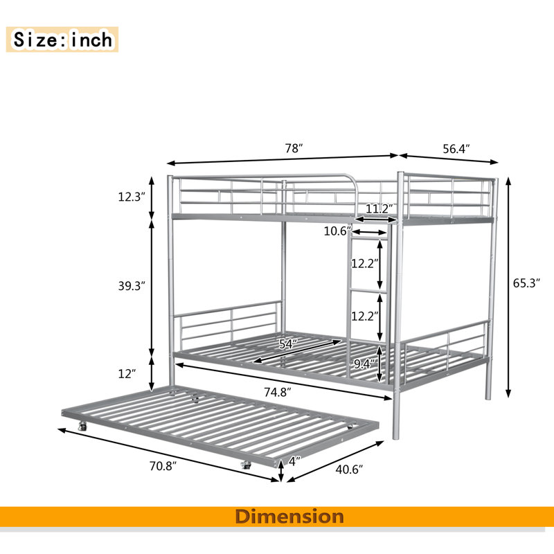 Full Over Full Metal Bunk Bed With Trundle, Silver