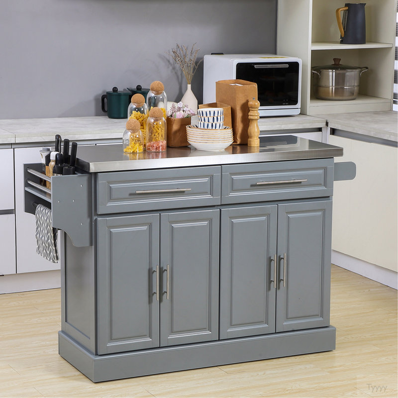 Rolling Kitchen Island With Storage, Portable Kitchen Cart With Stainless Steel Top, 2 Drawers, Spice, Knife And Towel Rack And Cabinets, Gray