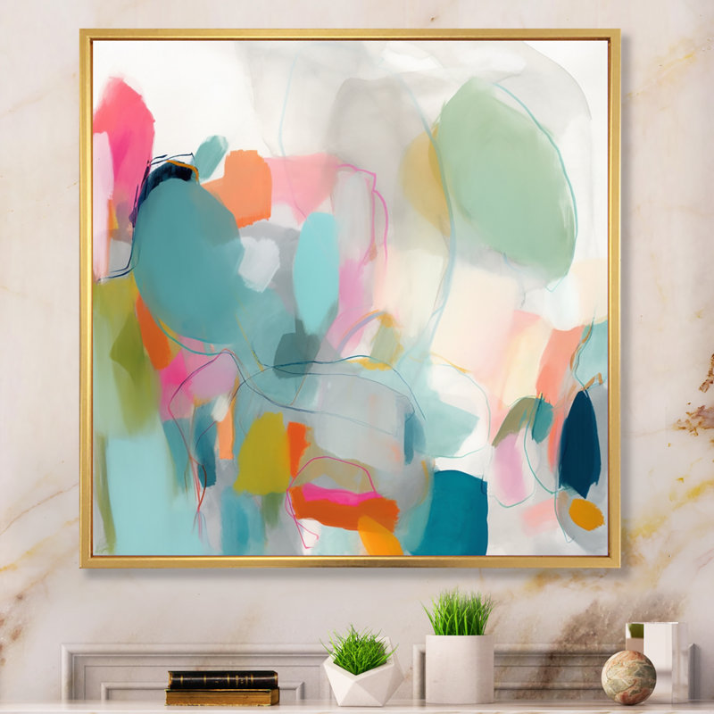 Pink Blue Minimalims Fludity IV - Abstract Minimalism Canvas Wall Art, 24" H x 24" W, Floater Framed, Gold