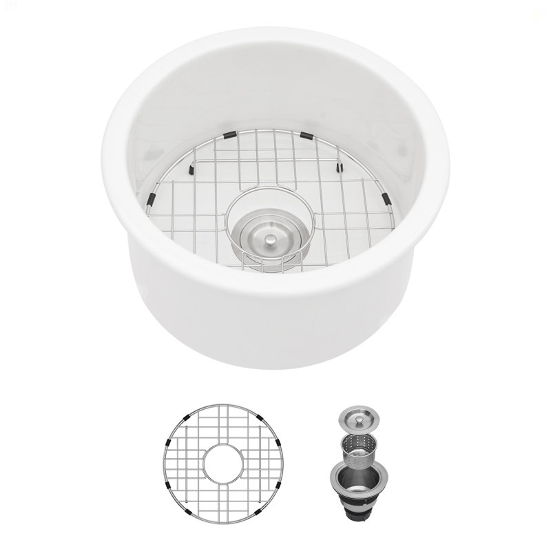 Évier de cuisine circulaire en céramique à simple cuve 18 pouces avec assemblage de drain et grille inférieure