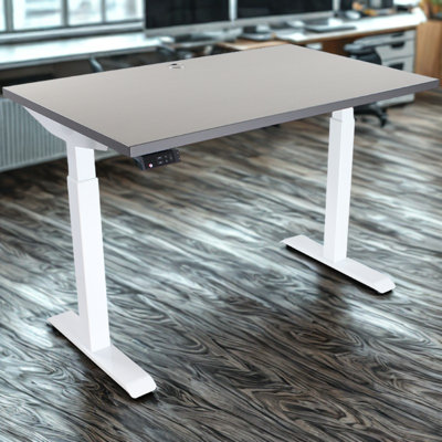 Skyscraper Electric Height Adjustable Standing Desk, Dual Motor and Digital Control with Memory, 48x24, Grey Strand Top with White Frame