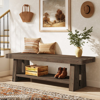 Banc de 63 po en bois massif avec tablettes ouvertes à 2 niveaux