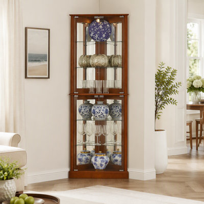 Armoire de coin avec lumières, tablettes réglables en verre trempé, dossier miroir