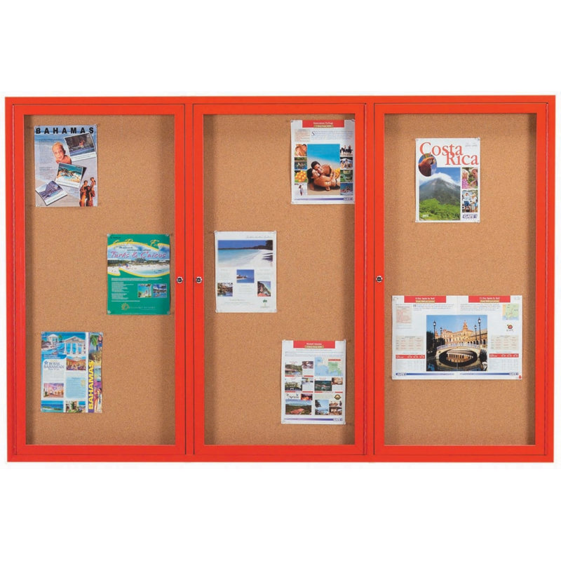 Enclosed Wall Mounted Bulletin Board LED Illuminated, Three, 48" H x 72" W, Red