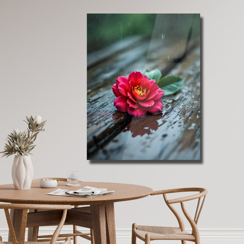 Art mural en verre trempé rouge camélia, 20" H x 16" W
