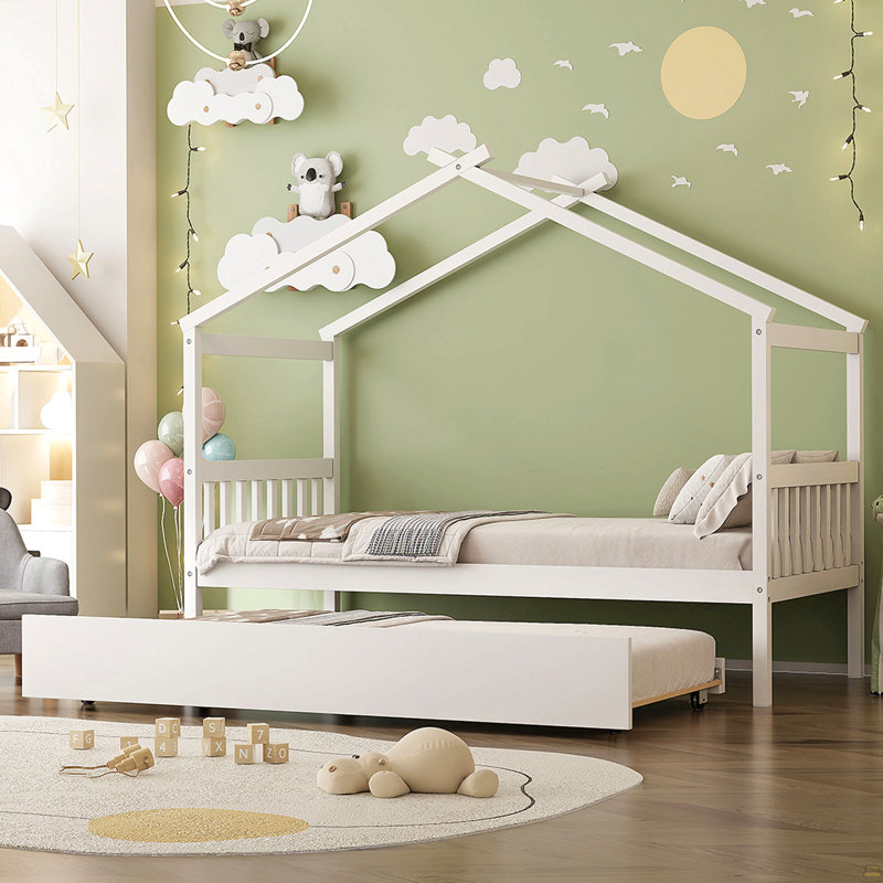 Lit simple en bois avec lit gigogne simple, Blanc