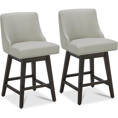 Set Of 2 Modern Swivel Counter Bar Stools With Upholstered Back And Wood Legs, Creamy Grey