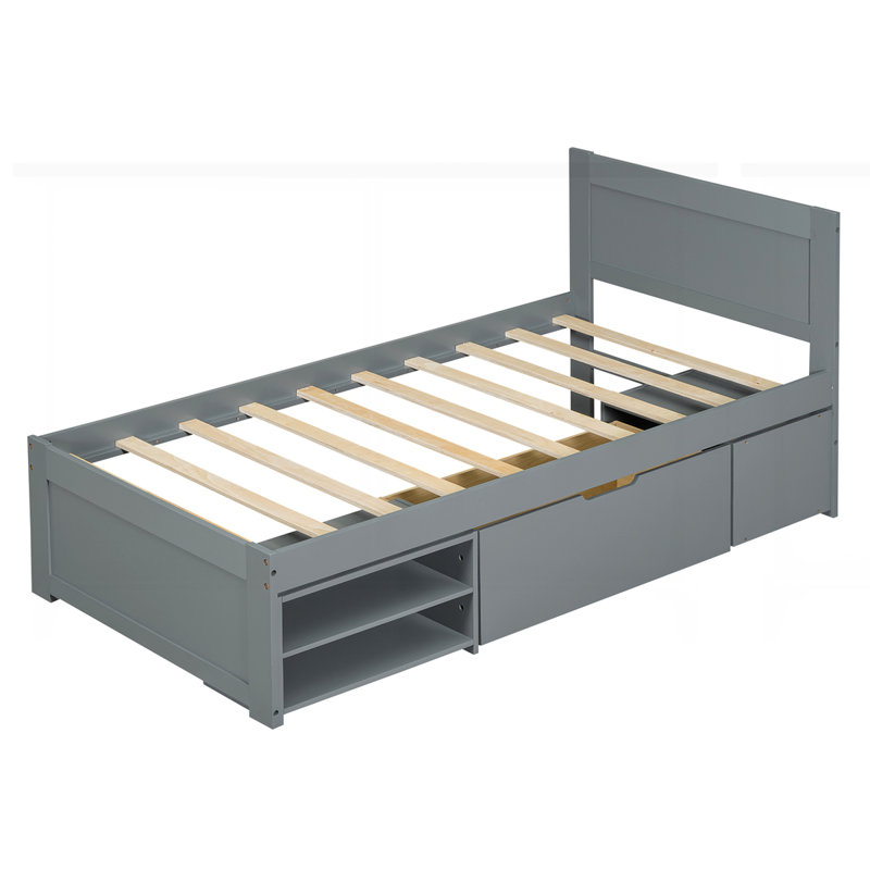 Lit plateforme avec tiroir et deux tablettes, Gris antique