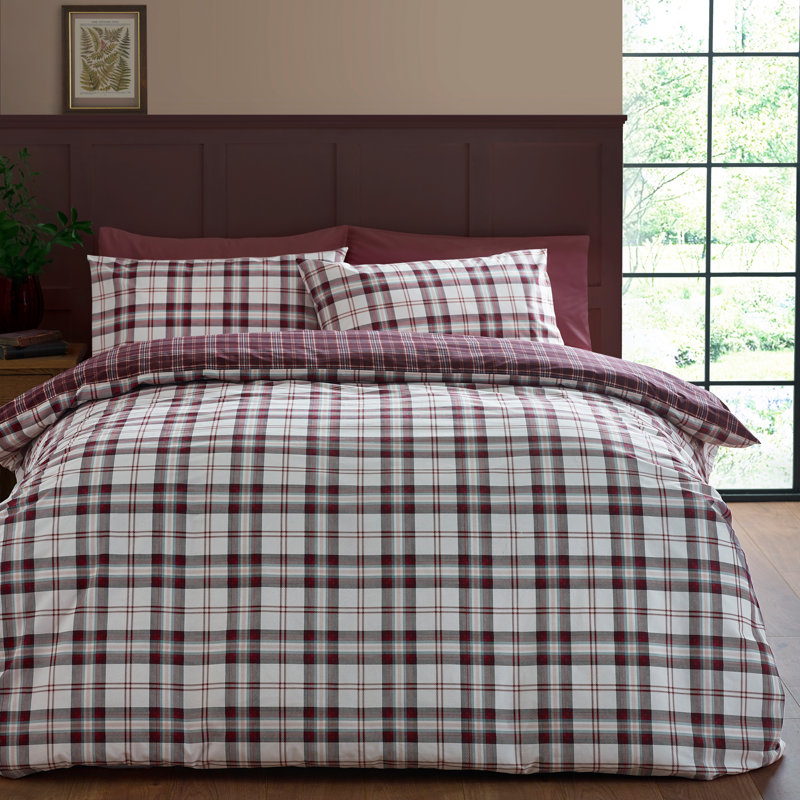 Kelso Check Reversible Duvet Cover Set, Plum, Double Duvet Cover + 2 Standard Pillowcases