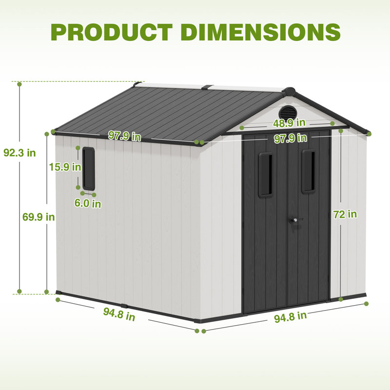 Remise de rangement extérieure en résine 8 po x 8 pi avec plancher et portes doubles pour meubles de jardin et outils, gris / blanc